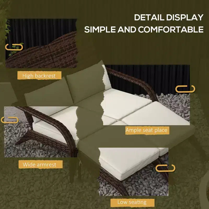 Sedia Adirondack in vimini per 2 con cuscini e poggiapiedi, sedia a sdraio doppia in rattan PE, sedia da braciere per portico con braccioli larghi, schienale alto