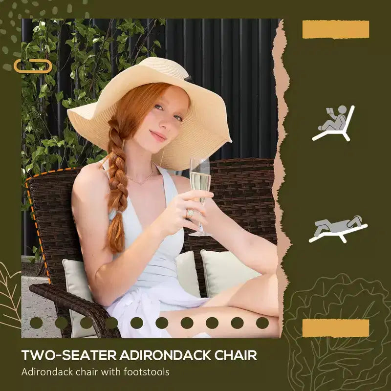 Sedia Adirondack in vimini per 2 con cuscini e poggiapiedi, sedia a sdraio doppia in rattan PE, sedia da braciere per portico con braccioli larghi, schienale alto