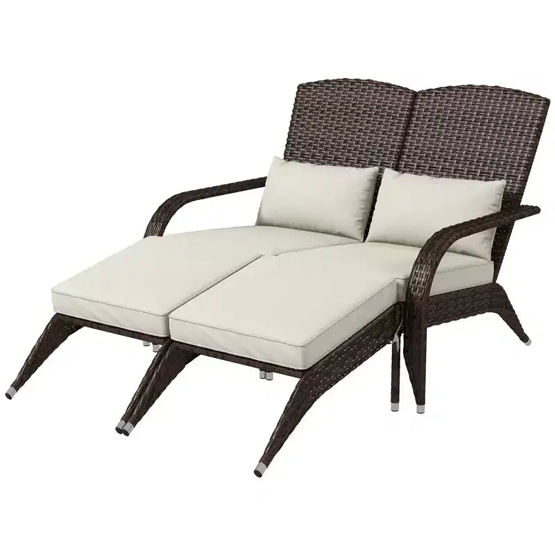 Wicker Adirondack Chair for 2 with Cushions & Footrests, PE Rattan Double Chaise Lounge Chair, Fire Pit Chair for Porch with Wide Armrests, High-back