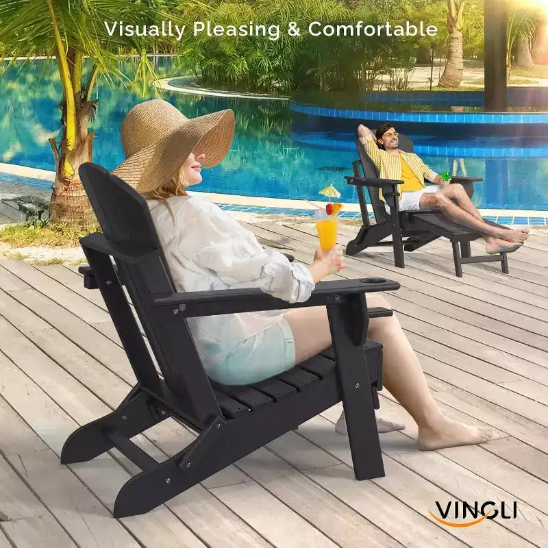 VINGLI - Set di 2 sedie Adirondack pieghevoli impermeabili con pouf, per esterni con poggiapiedi nascosti, seduta ergonomica pieghevole