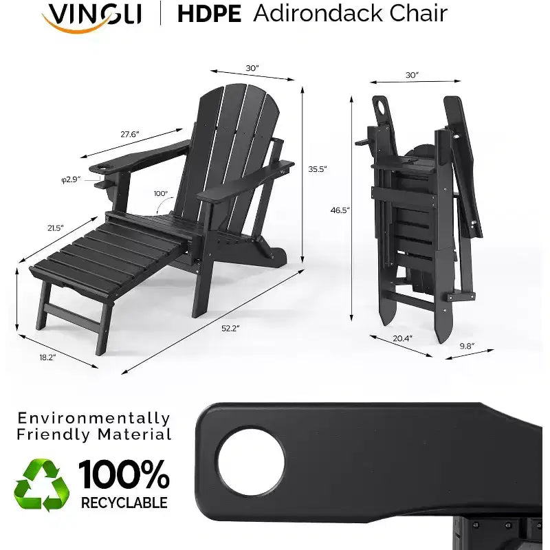 VINGLI - Set di 2 sedie Adirondack pieghevoli impermeabili con pouf, per esterni con poggiapiedi nascosti, seduta ergonomica pieghevole