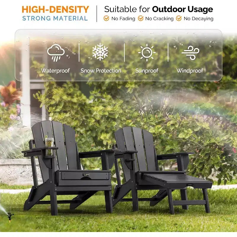 VINGLI - Set di 2 sedie Adirondack pieghevoli impermeabili con pouf, per esterni con poggiapiedi nascosti, seduta ergonomica pieghevole