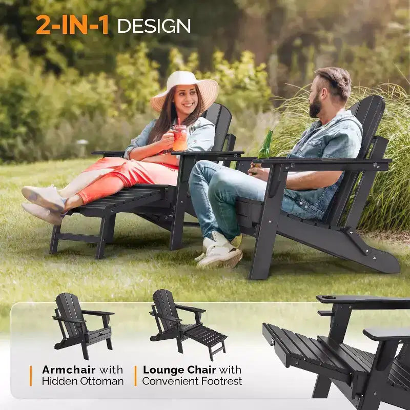 VINGLI - Set di 2 sedie Adirondack pieghevoli impermeabili con pouf, per esterni con poggiapiedi nascosti, seduta ergonomica pieghevole