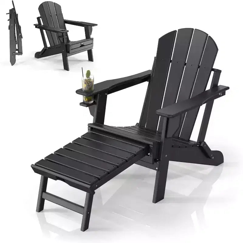 VINGLI Waterproof Folding Adirondack Chair set of 2 with Ottoman, for Outside with Hidden Footrests, Foldable Ergonomics Seating