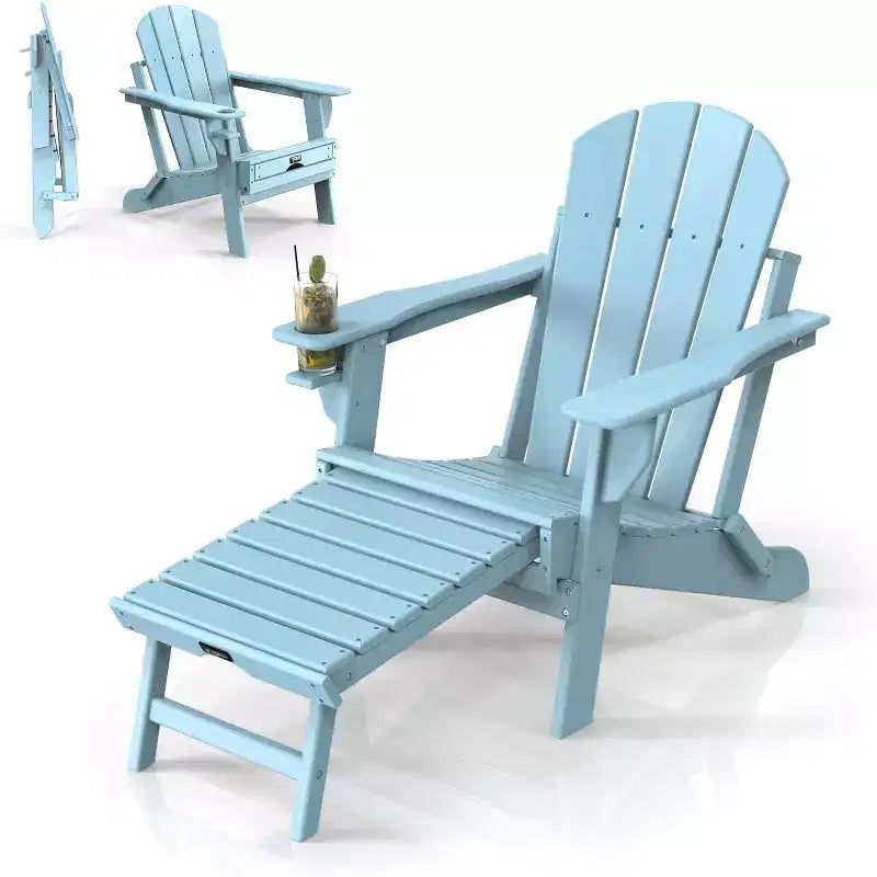 VINGLI - Set di 2 sedie Adirondack pieghevoli impermeabili con pouf, per esterni con poggiapiedi nascosti, seduta ergonomica pieghevole