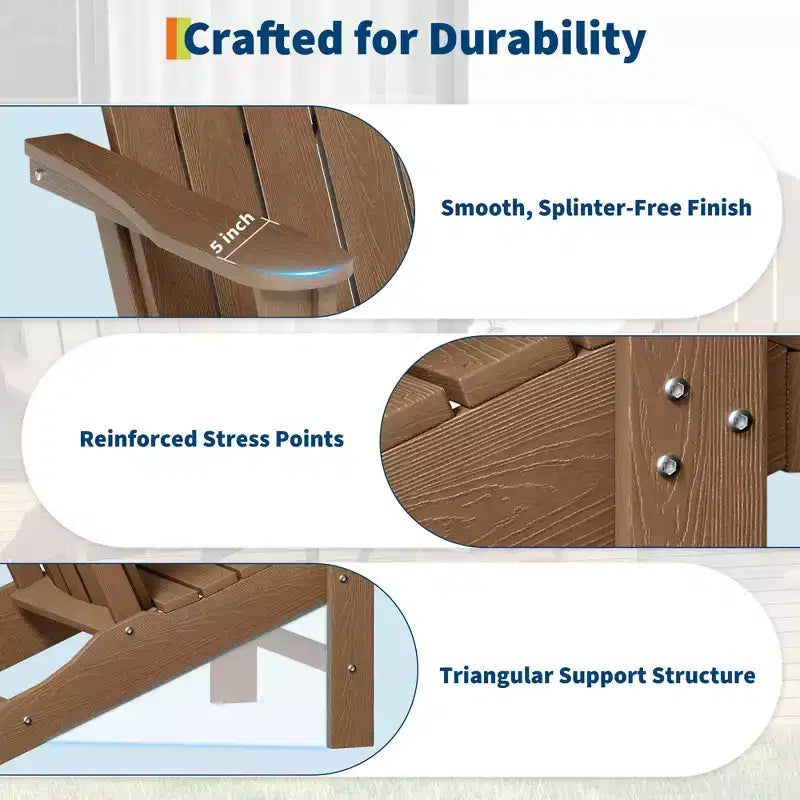 Sedie Adirondack pieghevoli con venature del legno, confezione da 2, sedie da patio da esterno in plastica resistente alle intemperie con portabicchieri e braccioli larghi, ideali per il prato