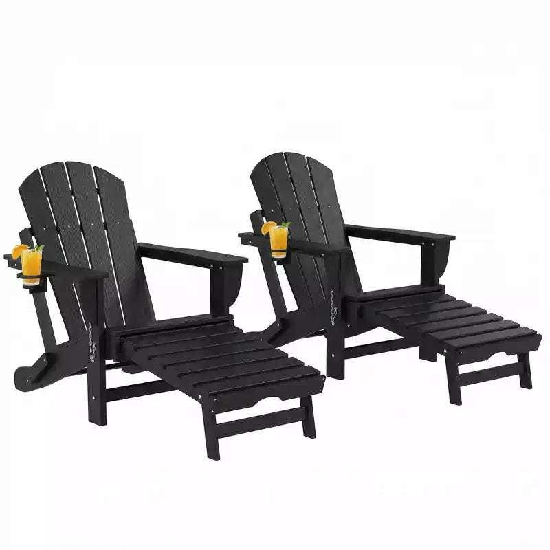 Outsunny Folding Adirondack Chair Set of 2, HDPE Fire Pit Chair with Retractable Ottoman, Cup Holder and Large Seat for Deck, Garden, Backyard