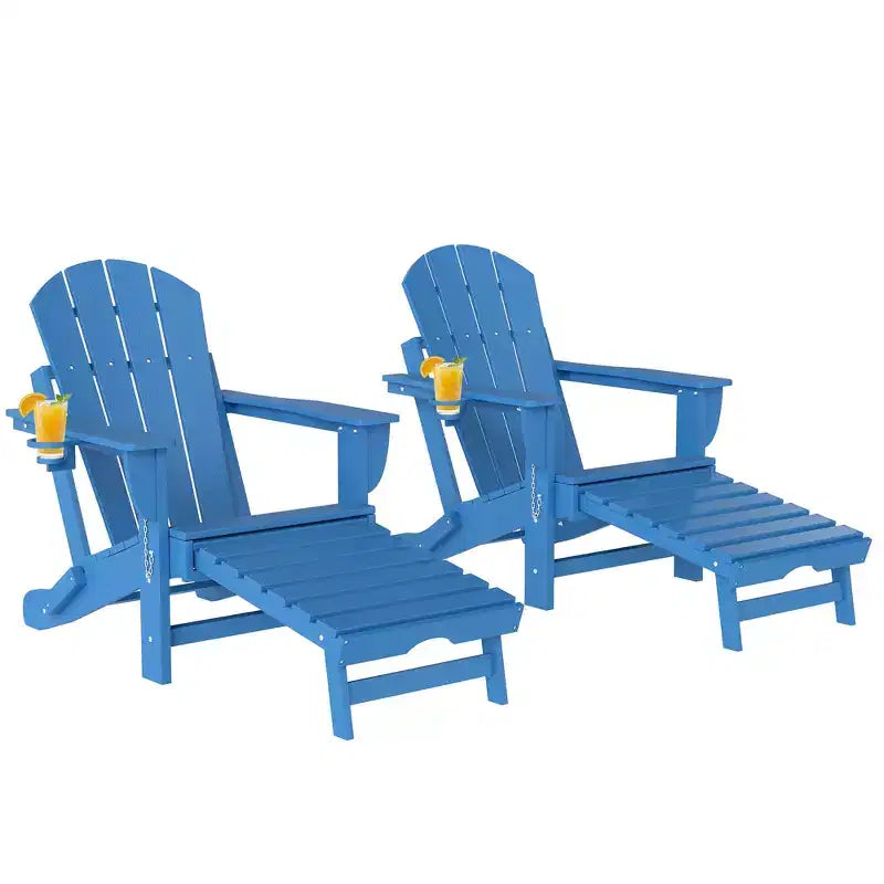 Set di 2 sedie Adirondack pieghevoli Outsunny, sedie da falò in HDPE con poggiapiedi retrattile, portabicchieri e seduta grande per ponte, giardino, cortile