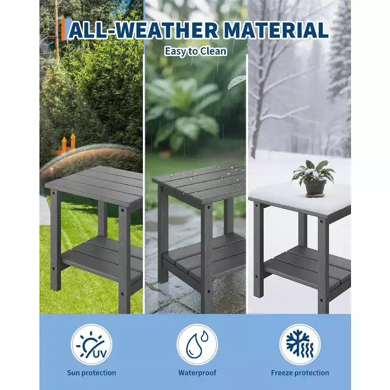 Tavolino da esterno Adirondack 18, 2 piani in HDPE resistente alle intemperie, tavolino quadrato per patio, piscina, portico, terrazza