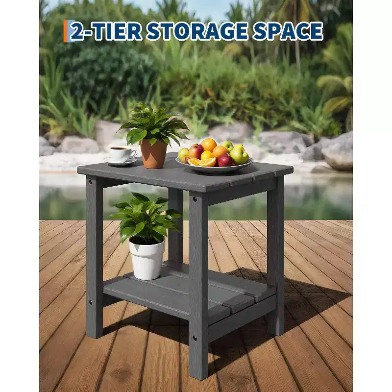 Tavolino da esterno Adirondack 18, 2 piani in HDPE resistente alle intemperie, tavolino quadrato per patio, piscina, portico, terrazza