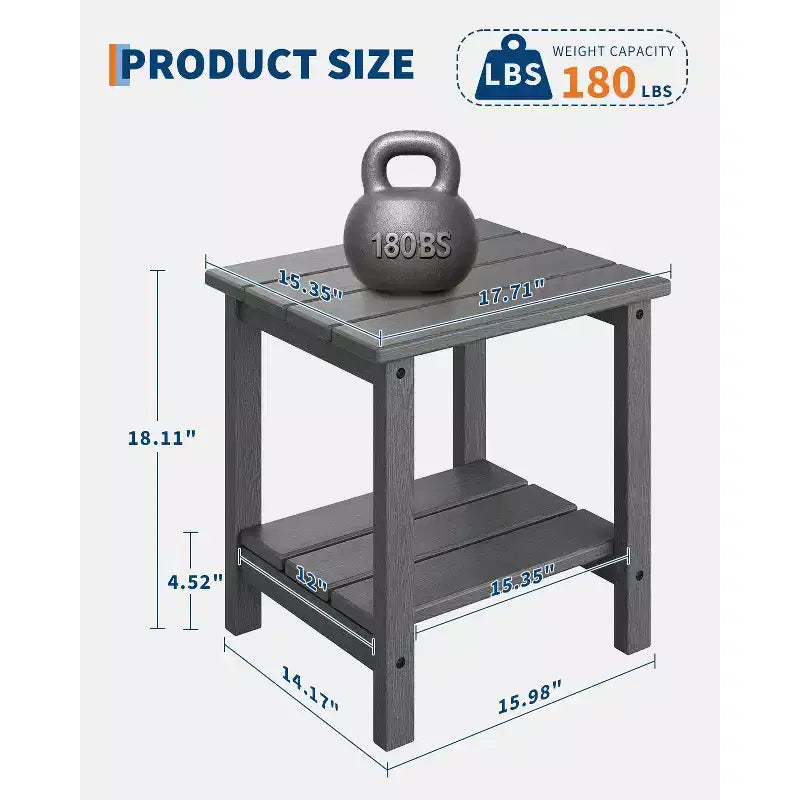 Tavolino da esterno Adirondack 18, 2 piani in HDPE resistente alle intemperie, tavolino quadrato per patio, piscina, portico, terrazza