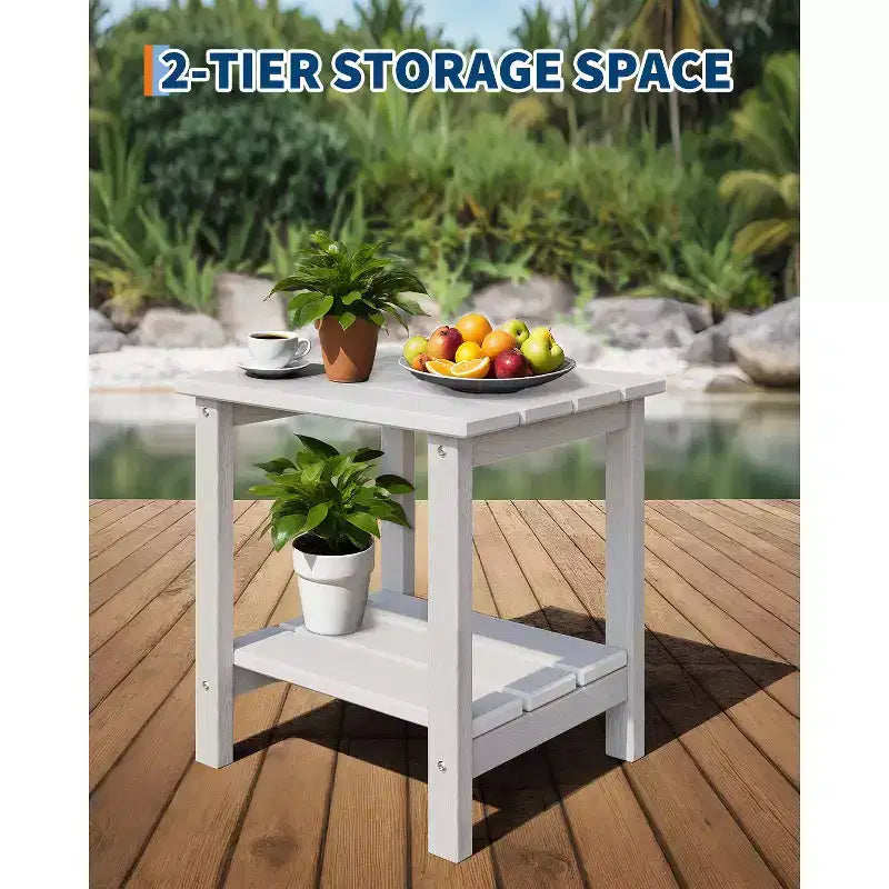 Tavolino da esterno Adirondack 18, 2 piani in HDPE resistente alle intemperie, tavolino quadrato per patio, piscina, portico, terrazza