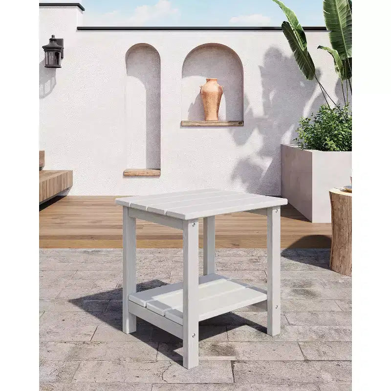Tavolino da esterno Adirondack 18, 2 piani in HDPE resistente alle intemperie, tavolino quadrato per patio, piscina, portico, terrazza