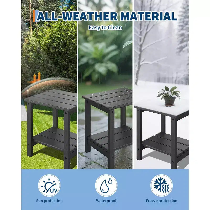Tavolino da esterno Adirondack 18, 2 piani in HDPE resistente alle intemperie, tavolino quadrato per patio, piscina, portico, terrazza