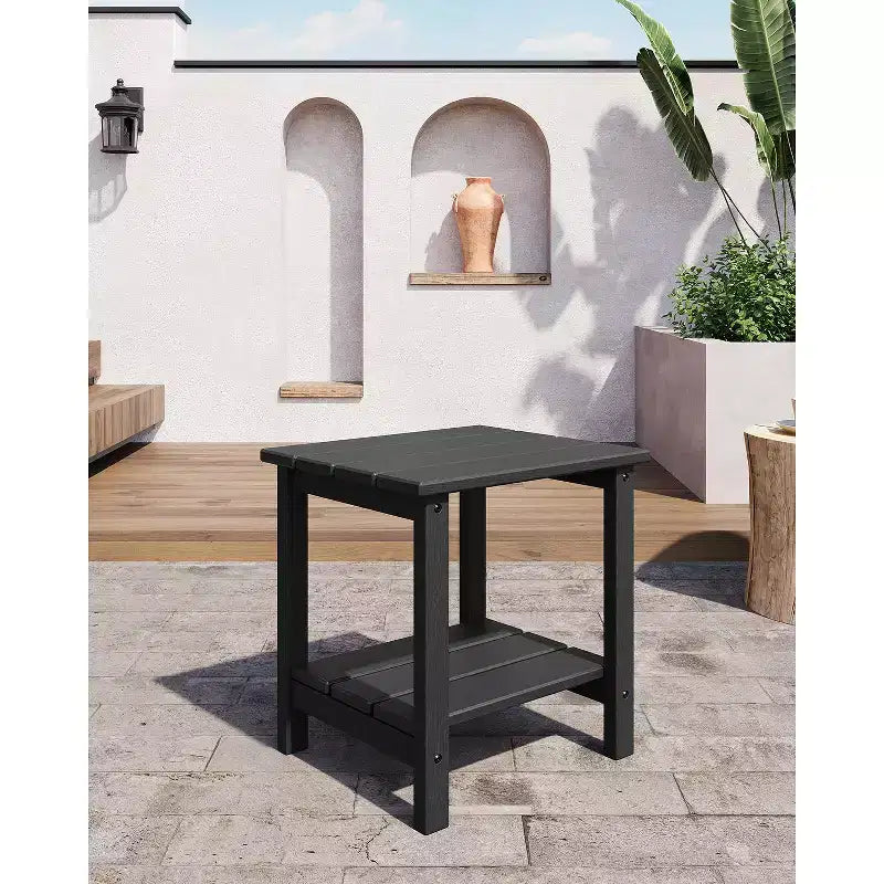 Tavolino da esterno Adirondack 18, 2 piani in HDPE resistente alle intemperie, tavolino quadrato per patio, piscina, portico, terrazza