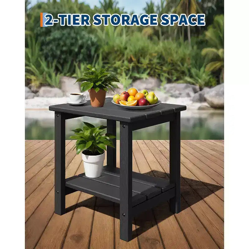 Tavolino da esterno Adirondack 18, 2 piani in HDPE resistente alle intemperie, tavolino quadrato per patio, piscina, portico, terrazza