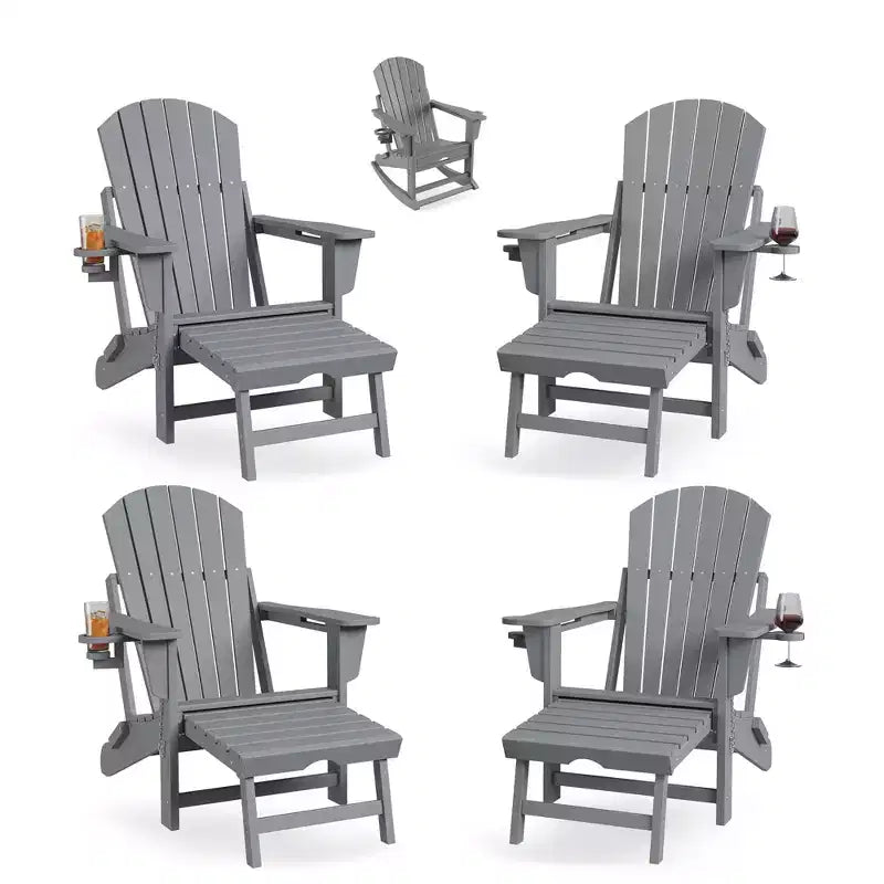 4-in-1 Folding HDPE Adirondack Chairs Set of 4, Retractable Ottoman & Removable Rocking Base, 400lbs Capacity Grey