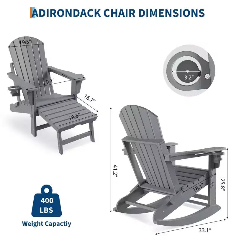 Set di 4 sedie Adirondack pieghevoli in HDPE 4 in 1, con poggiapiedi retrattile e base a dondolo rimovibile, capacità 180 kg, grigio