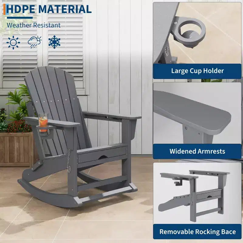 Set di 4 sedie Adirondack pieghevoli in HDPE 4 in 1, con poggiapiedi retrattile e base a dondolo rimovibile, capacità 180 kg, grigio