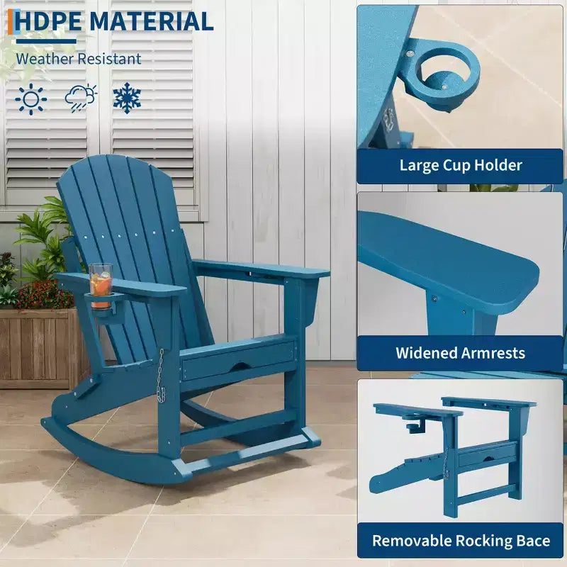 Sedia a Dondolo Adirondack 4-in-1 in HDPE con Ottomana Estraibile, Dondolo Pieghevole da Esterno in Plastica con Portabicchieri, Seduta da Patio per Tutte le Stagioni a Bordo Piscina