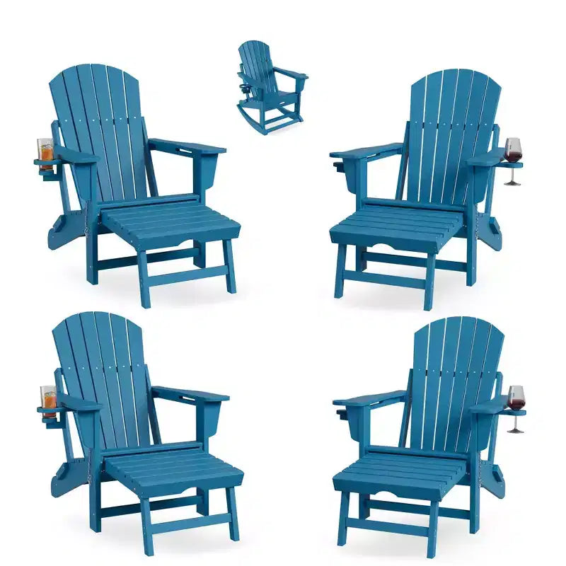 HDPE 4-in-1 Adirondack Rocking Chair with Retractable Ottoman,Folding Outdoor Plastic Rocker with Cup Holders,All-Weather Patio Seating for Poolside