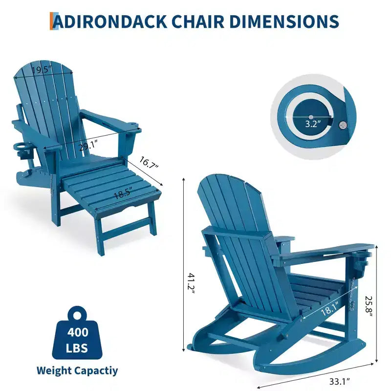 Sedia a Dondolo Adirondack 4-in-1 in HDPE con Ottomana Estraibile, Dondolo Pieghevole da Esterno in Plastica con Portabicchieri, Seduta da Patio per Tutte le Stagioni a Bordo Piscina