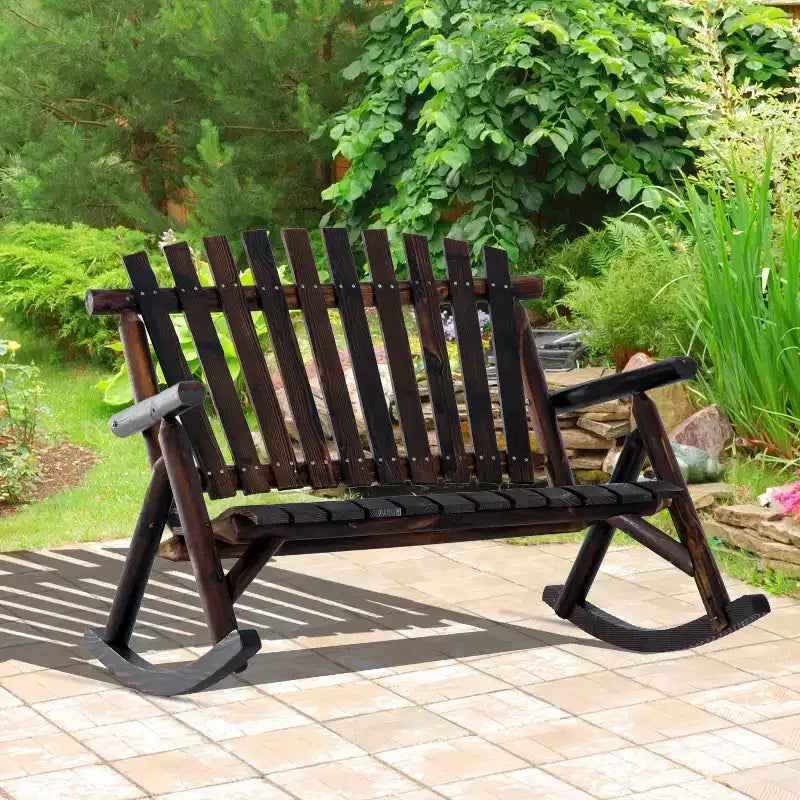 Sedia a Dondolo Adirondack Doppia in Legno per Interni ed Esterni, con Schienale Alto a Doghe per Giardino e Patio
