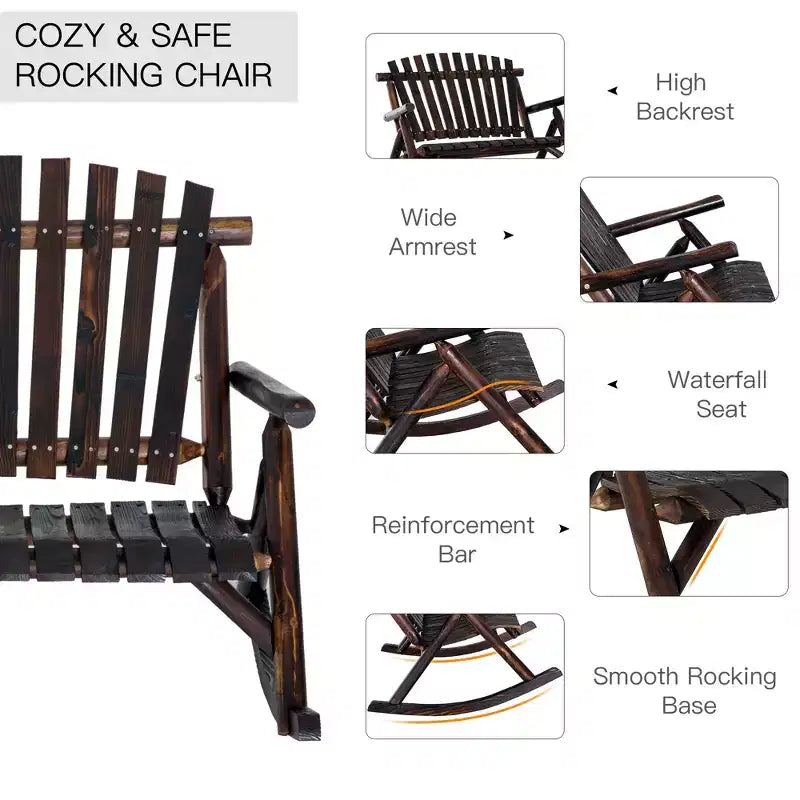 Sedia a Dondolo Adirondack Doppia in Legno per Interni ed Esterni, con Schienale Alto a Doghe per Giardino e Patio
