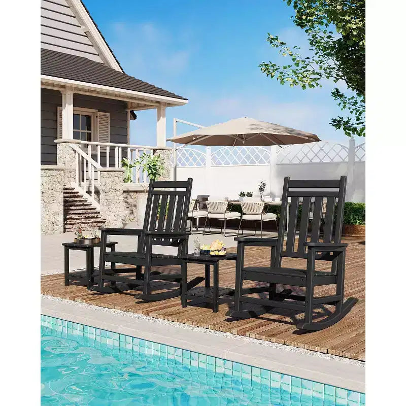 Set di 4 sedie a dondolo Adirondack in polipropilene HDPE per tutte le stagioni, sedie a dondolo da patio con schienale alto, bassa manutenzione, nere