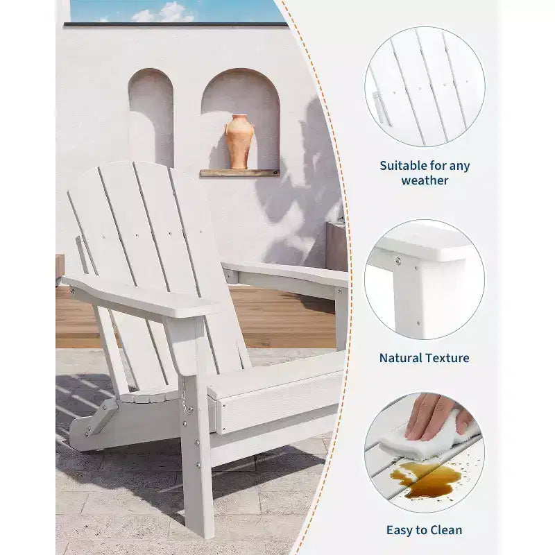 Set di 2 sedie Adirondack pieghevoli con tavolino, in plastica HDPE effetto legno, portata 172 kg, resistenti alle intemperie per patio o piscina