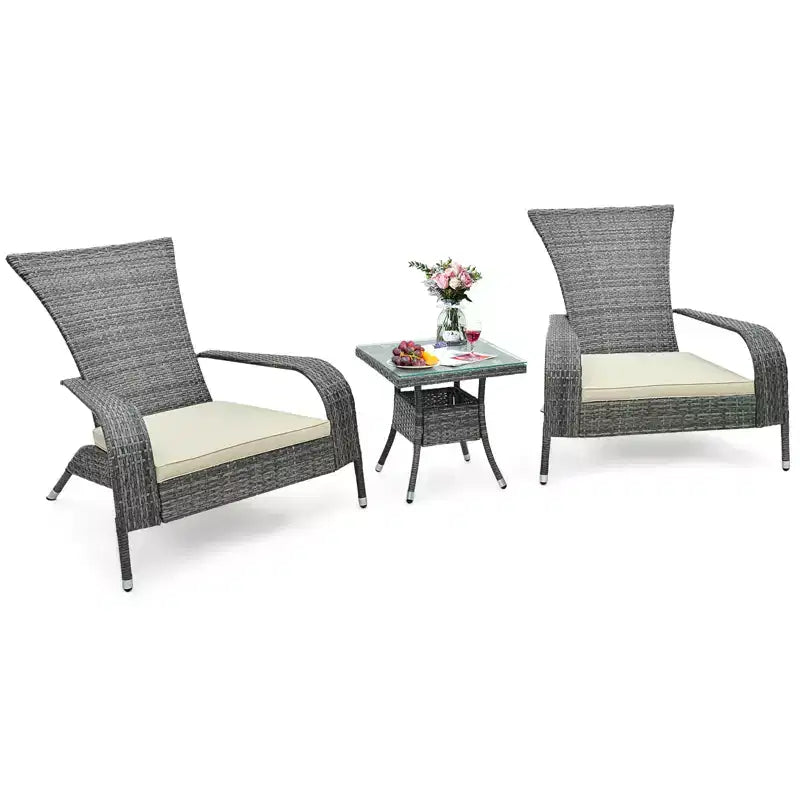 Costway 3-Piece Wicker Adirondack Set Ergonomic Oversized Rattan Chairs w/ Coffee Table Comfy Seat Cushions