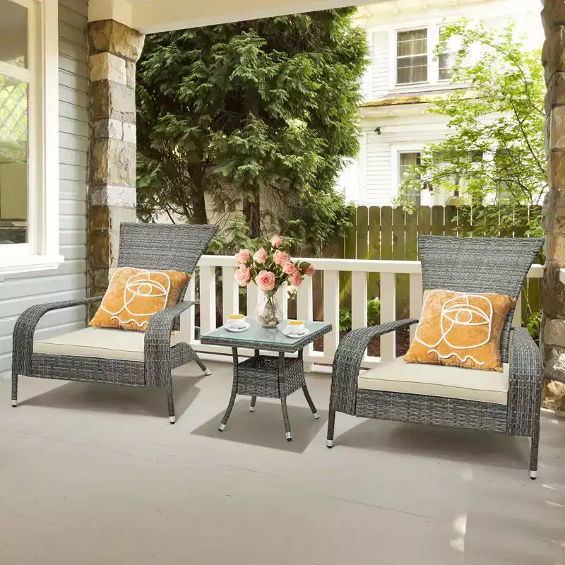 Set Adirondack Costway 3 Pezzi in Vimini, Sedie Grandi Ergonomiche in Rattan con Tavolino e Comodi Cuscini per Seduta