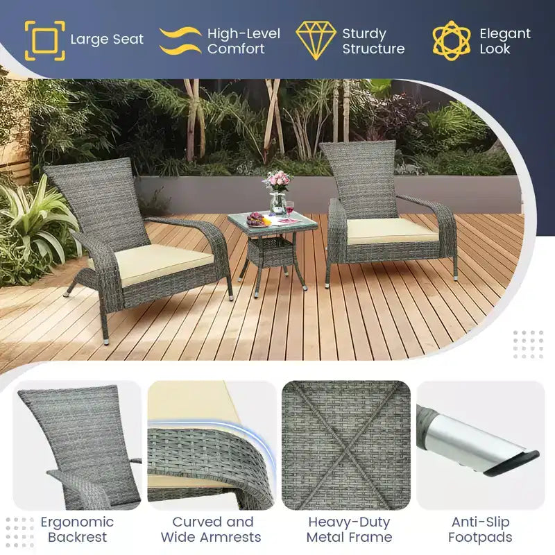 Set Adirondack Costway 3 Pezzi in Vimini, Sedie Grandi Ergonomiche in Rattan con Tavolino e Comodi Cuscini per Seduta