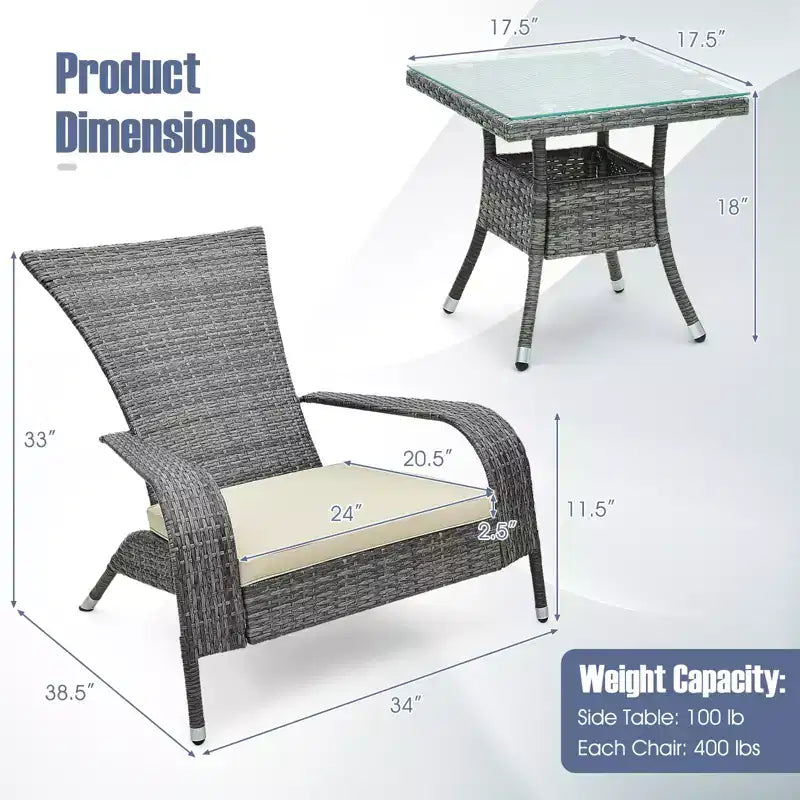Set Adirondack Costway 3 Pezzi in Vimini, Sedie Grandi Ergonomiche in Rattan con Tavolino e Comodi Cuscini per Seduta