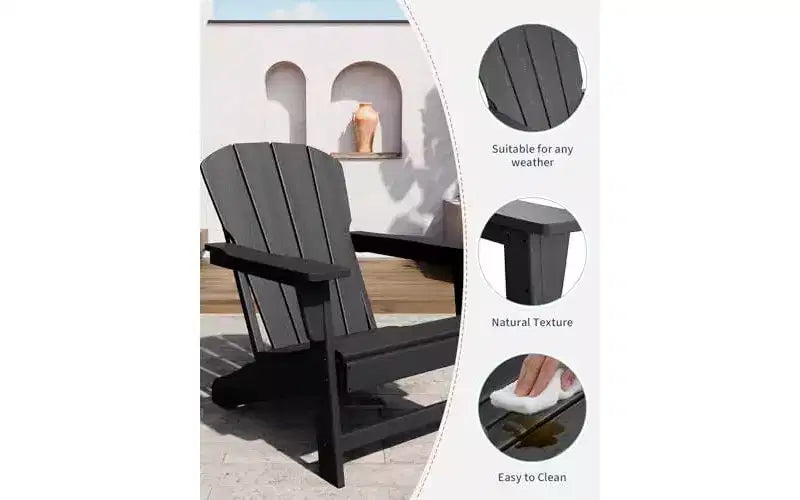 Set of 2 HDPE Adirondack Patio Chairs  380 lbs Capacity, Weather Resistant, Wood Grain Texture, Wide Armrests, Slatted Back