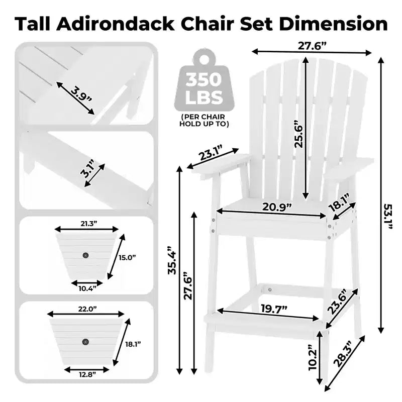 Set di 2 sedie Adirondack alte, sedie Adirondack in legno altezza bar con vassoio di collegamento e foro per ombrellone, sedie doppie da balcone per balcone, ponte