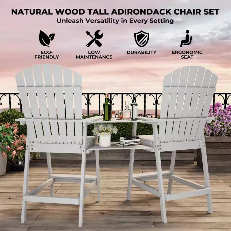 Set di 2 sedie Adirondack alte, sedie Adirondack in legno altezza bar con vassoio di collegamento e foro per ombrellone, sedie doppie da balcone per balcone, ponte