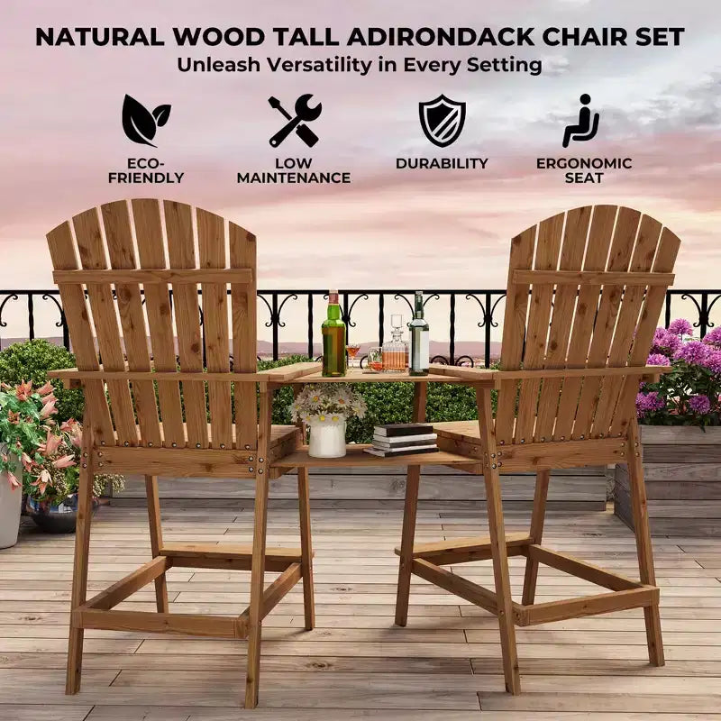 Set di 2 sedie Adirondack alte, sedie Adirondack in legno altezza bar con vassoio di collegamento e foro per ombrellone, sedie doppie da balcone per balcone, ponte
