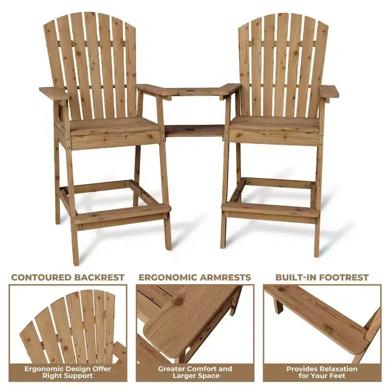 Set di 2 sedie Adirondack alte, sedie Adirondack in legno altezza bar con vassoio di collegamento e foro per ombrellone, sedie doppie da balcone per balcone, ponte