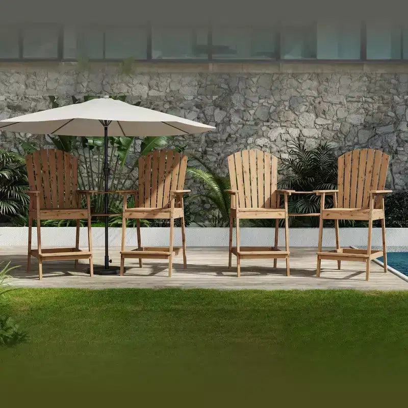 Outdoor Tall Adirondack Chairs Set of 4, Bar Height with Connecting Tray & Umbrella Hole, Solid Wood Patio Chairs for Deck Backyard