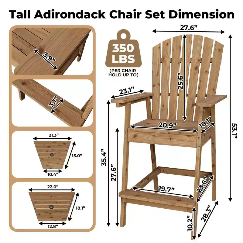 Set di 4 sedie Adirondack alte da esterno, altezza bar con vassoio di collegamento e foro per ombrellone, sedie da patio in legno massello per terrazza e cortile