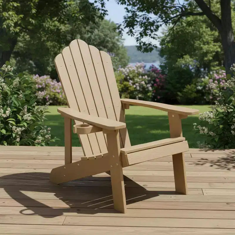 Sedia Adirondack da esterno Gymax, realizzata in resistente materiale HIPS con portabicchieri integrato, resistente alle intemperie e con portata fino a 172 kg, nera/tinta teak