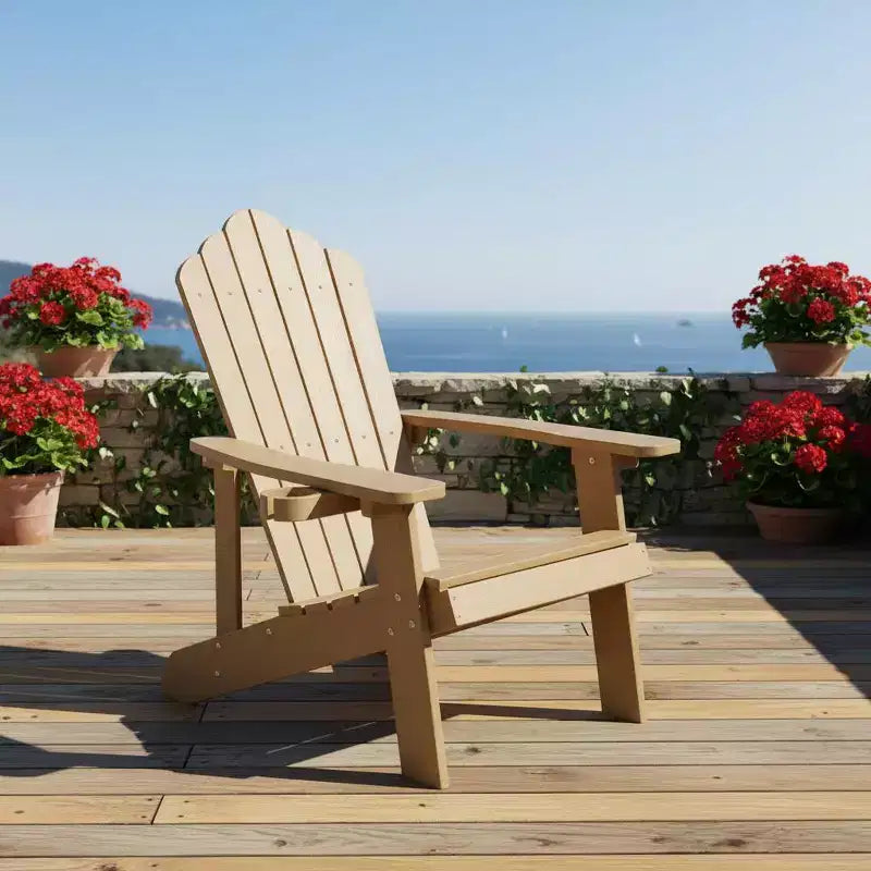 Sedia Adirondack da esterno Gymax, realizzata in resistente materiale HIPS con portabicchieri integrato, resistente alle intemperie e con portata fino a 172 kg, nera/tinta teak