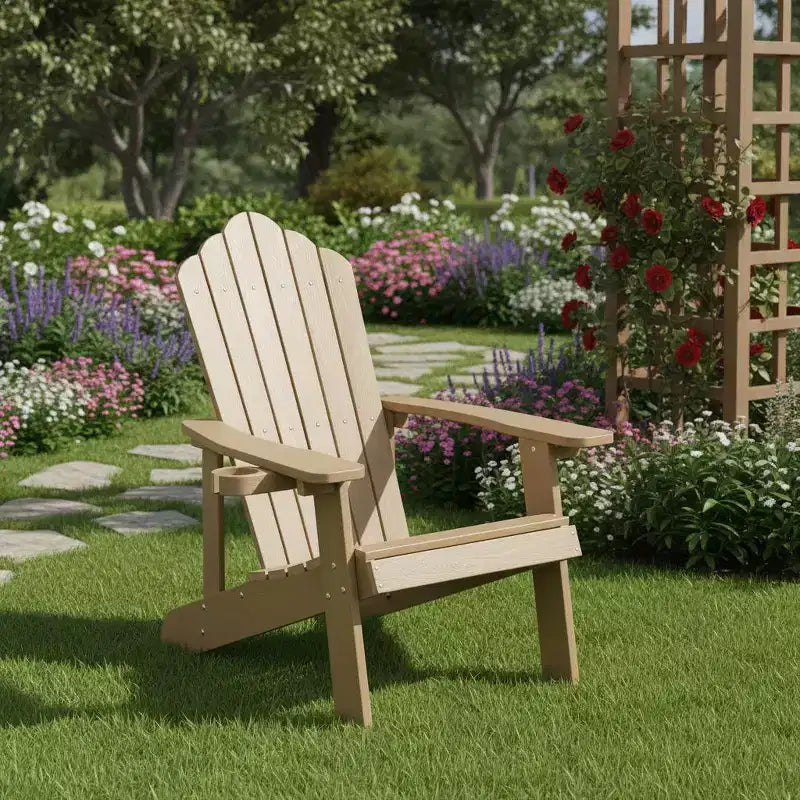 Sedia Adirondack da esterno Gymax, realizzata in resistente materiale HIPS con portabicchieri integrato, resistente alle intemperie e con portata fino a 172 kg, nera/tinta teak