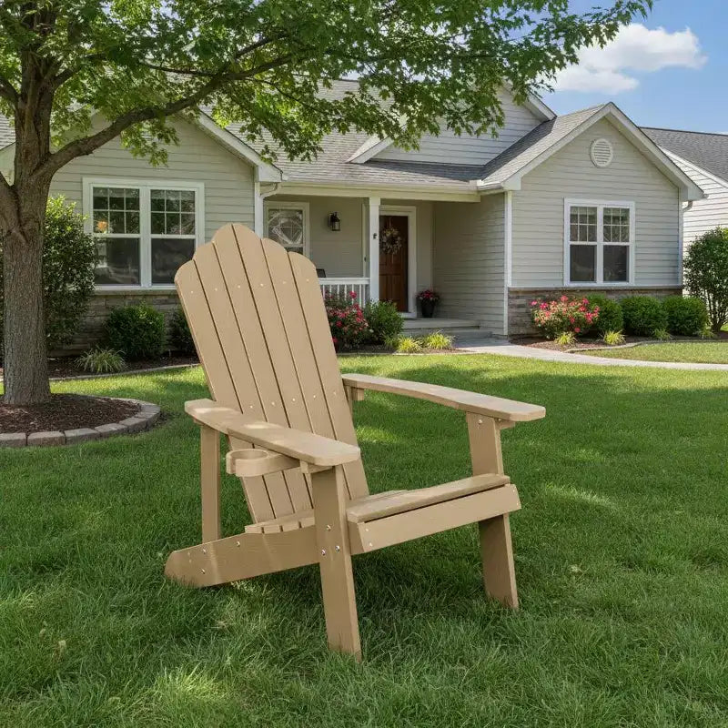 Sedia Adirondack da esterno Gymax, realizzata in resistente materiale HIPS con portabicchieri integrato, resistente alle intemperie e con portata fino a 172 kg, nera/tinta teak