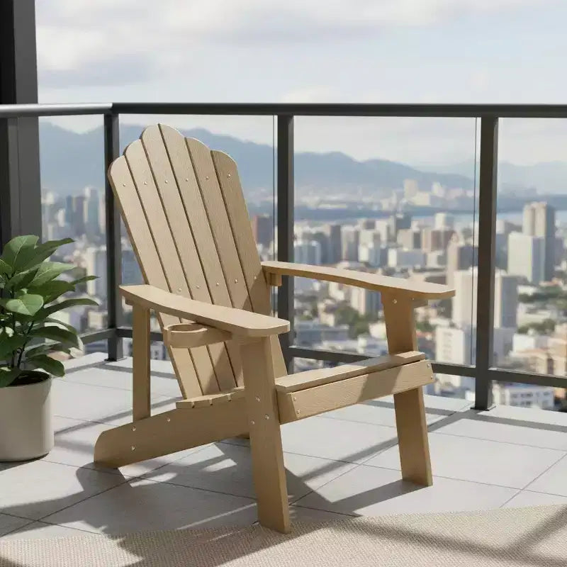 Sedia Adirondack da esterno Gymax, realizzata in resistente materiale HIPS con portabicchieri integrato, resistente alle intemperie e con portata fino a 172 kg, nera/tinta teak