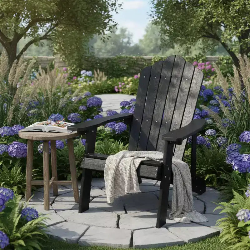Sedia Adirondack da esterno Gymax, realizzata in resistente materiale HIPS con portabicchieri integrato, resistente alle intemperie e con portata fino a 172 kg, nera/tinta teak