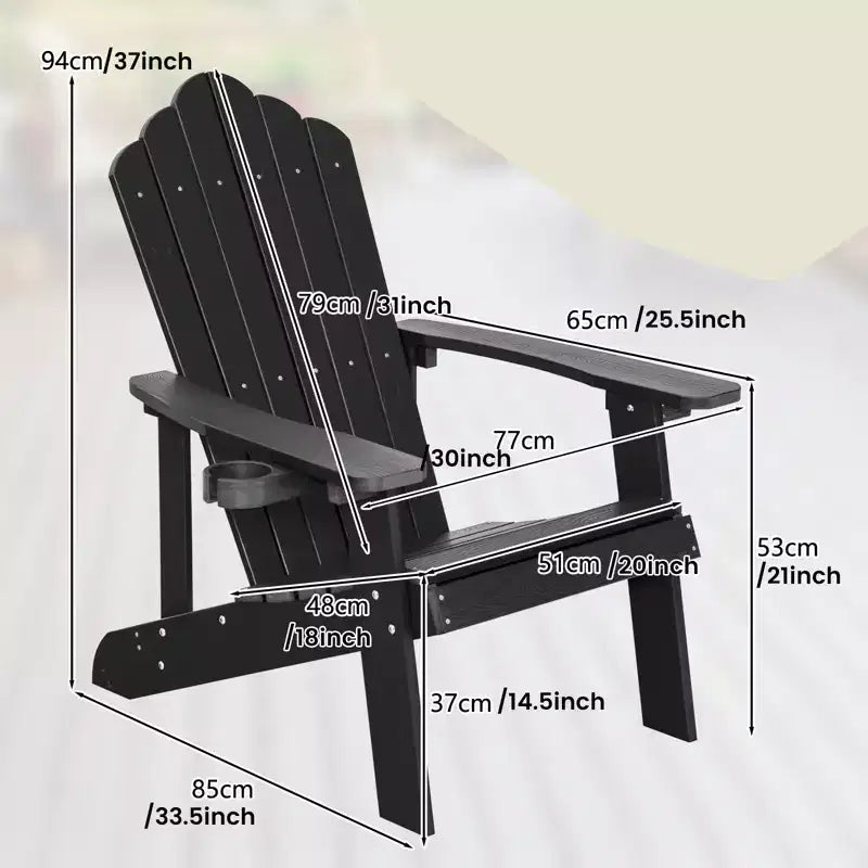 Sedia Adirondack da esterno Gymax, realizzata in resistente materiale HIPS con portabicchieri integrato, resistente alle intemperie e con portata fino a 172 kg, nera/tinta teak