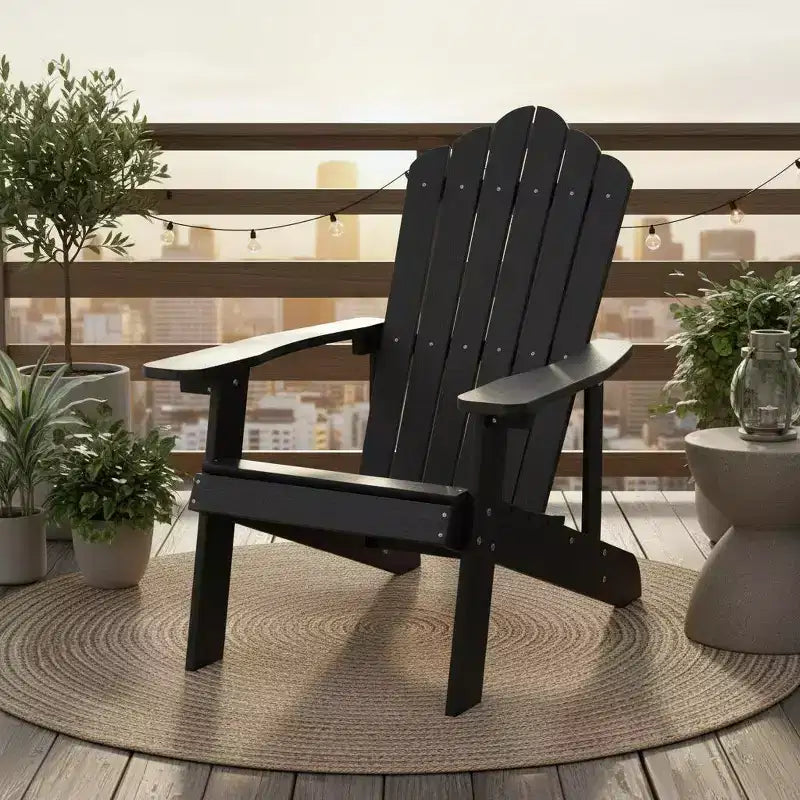 Sedia Adirondack da esterno Gymax, realizzata in resistente materiale HIPS con portabicchieri integrato, resistente alle intemperie e con portata fino a 172 kg, nera/tinta teak