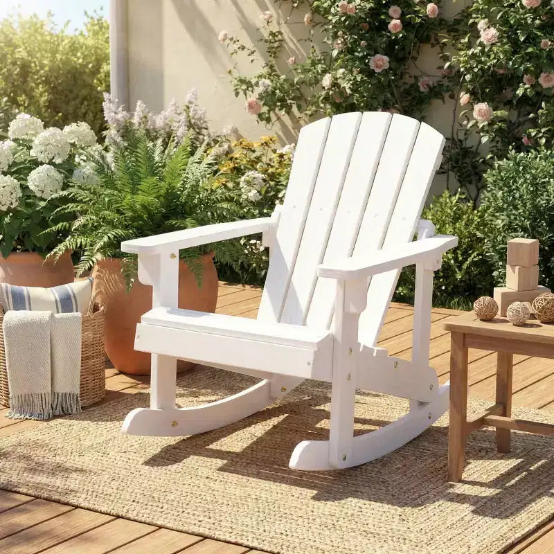Gymax Sedia a Dondolo Adirondack per Bambini da Esterno con Sedile a Doghe in Legno Massiccio e Schienale Caffè/Bianco